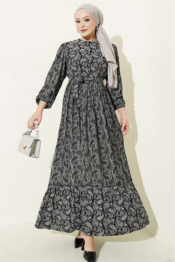 Authentic Patterned Dress with Elastic Ankle Straps, Smoke Grey