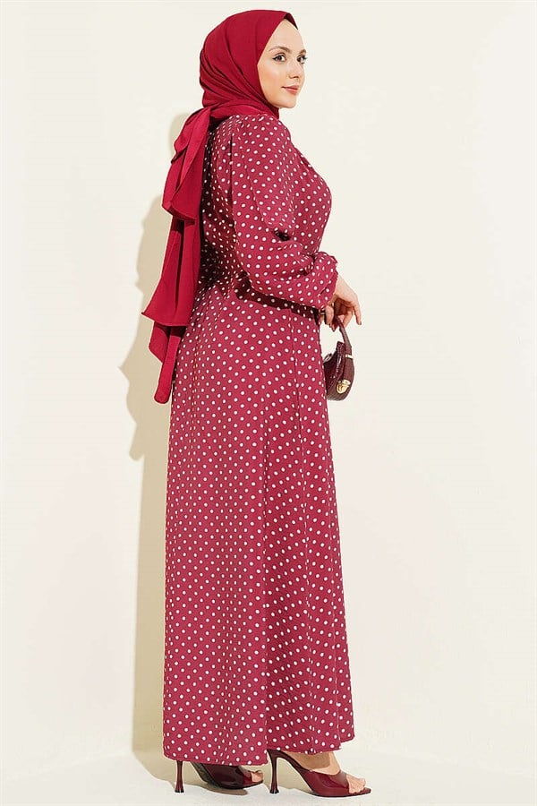 Burgundy Polka Dot Belted Dress with Elasticated Ankles