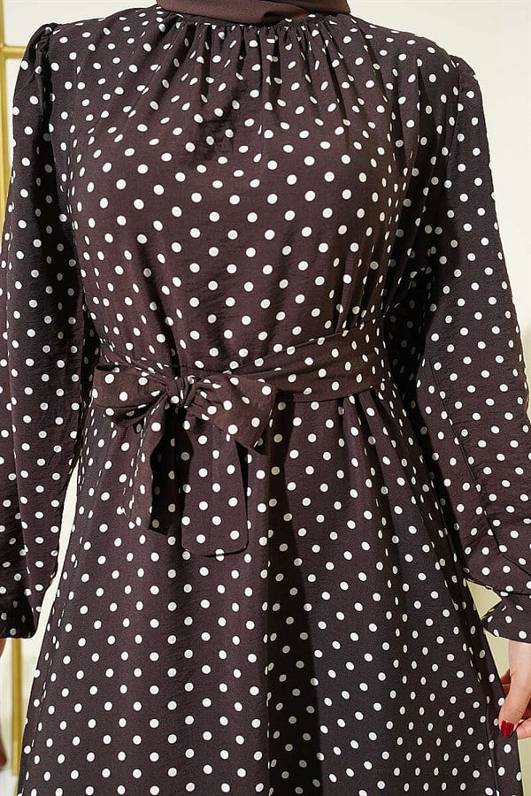 Polka Dot Belted Dress with Elastic Ankles Dark Brown