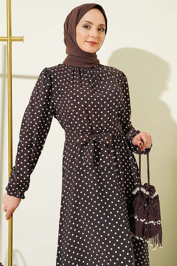 Polka Dot Belted Dress with Elastic Ankles Dark Brown