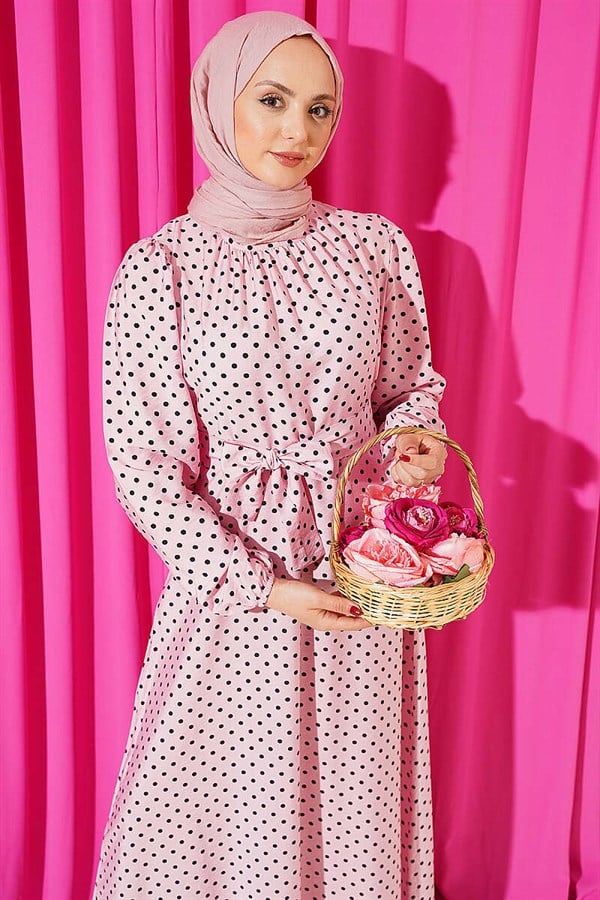 Pink Polka Dot Belted Dress with Elastic Ankles