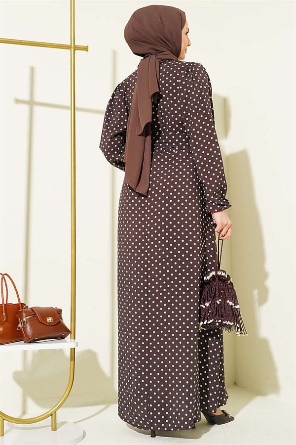 Polka Dot Belted Dress with Elastic Ankles Dark Brown