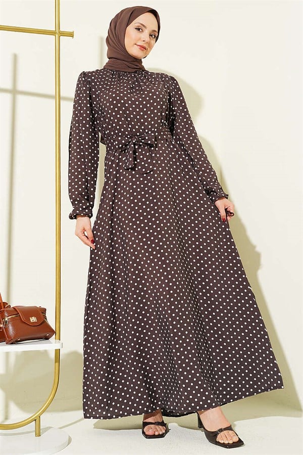 Polka Dot Belted Dress with Elastic Ankles Dark Brown