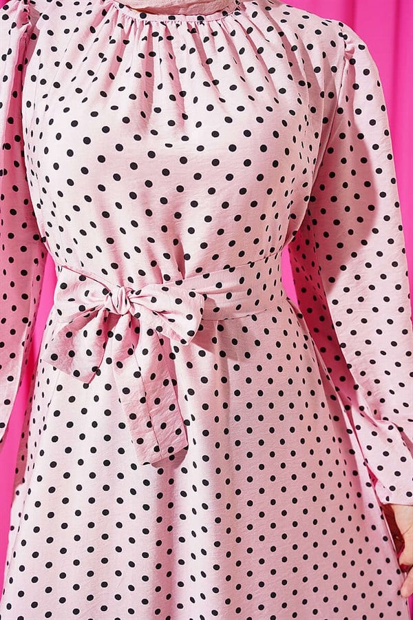 Pink Polka Dot Belted Dress with Elastic Ankles