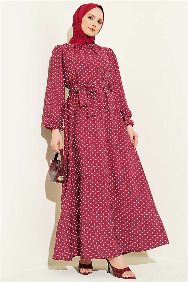 Burgundy Polka Dot Belted Dress with Elasticated Ankles