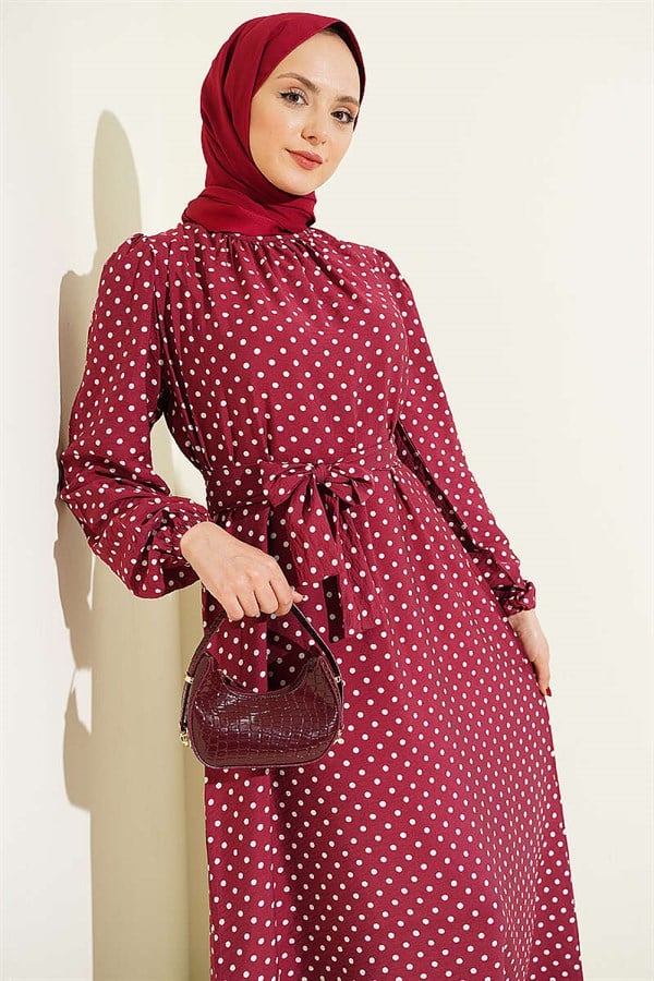 Burgundy Polka Dot Belted Dress with Elasticated Ankles