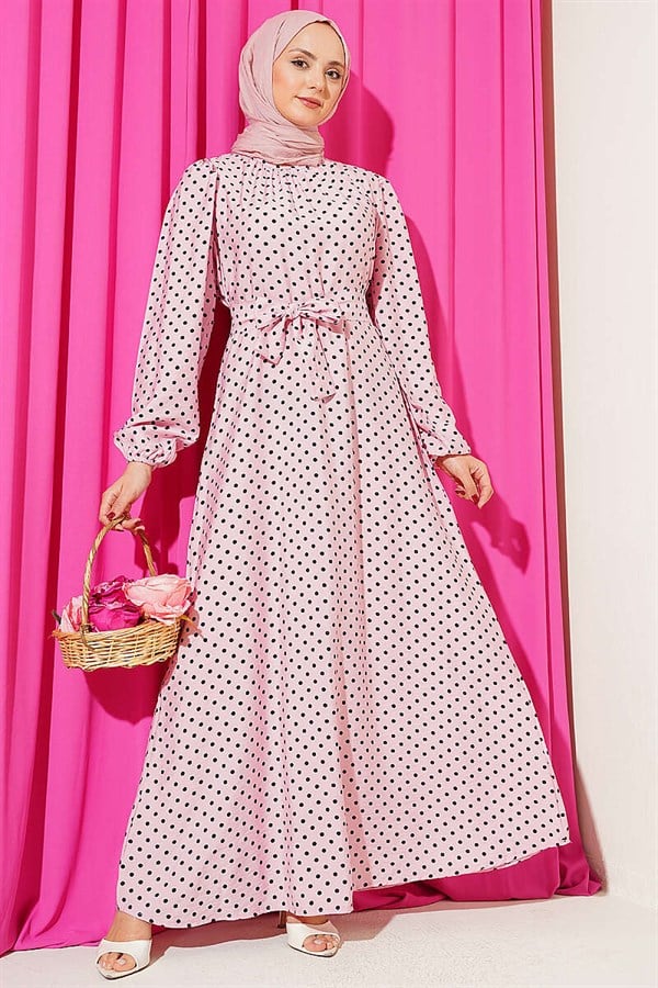 Pink Polka Dot Belted Dress with Elastic Ankles