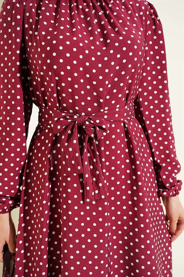 Burgundy Polka Dot Belted Dress with Elasticated Ankles
