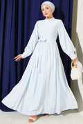 Ice Blue Belted Flared Dress with Ankle Cuffs