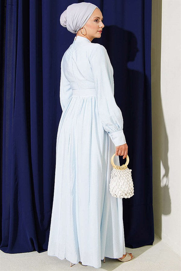 Ice Blue Belted Flared Dress with Ankle Cuffs