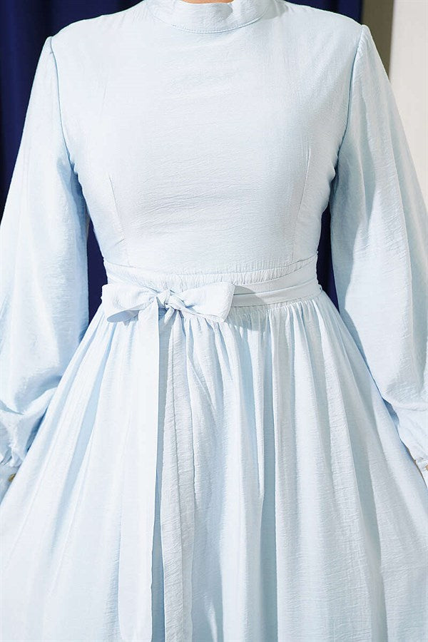 Ice Blue Belted Flared Dress with Ankle Cuffs