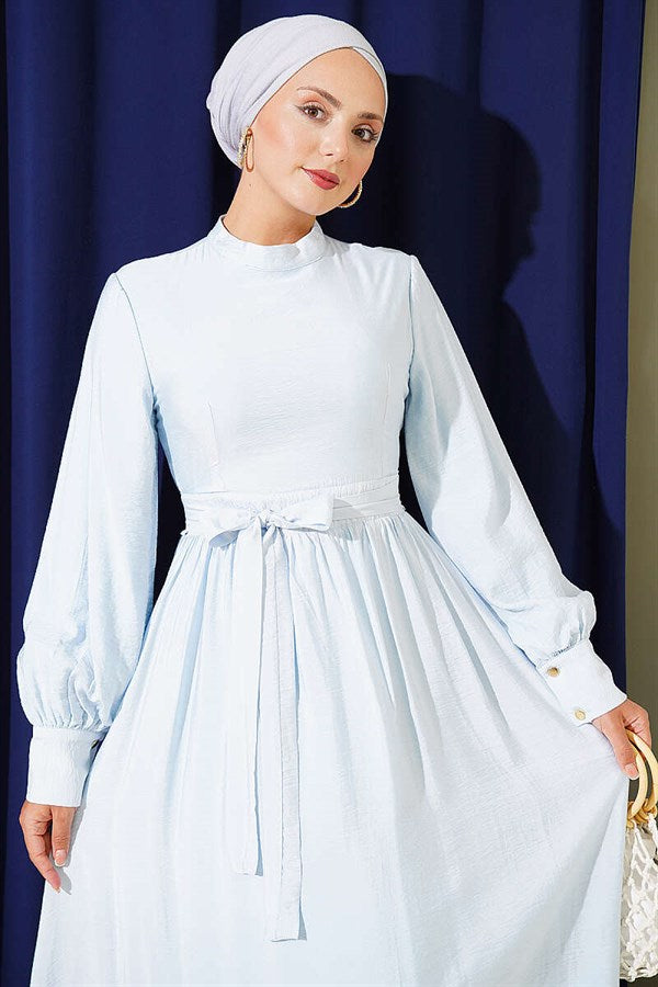 Ice Blue Belted Flared Dress with Ankle Cuffs