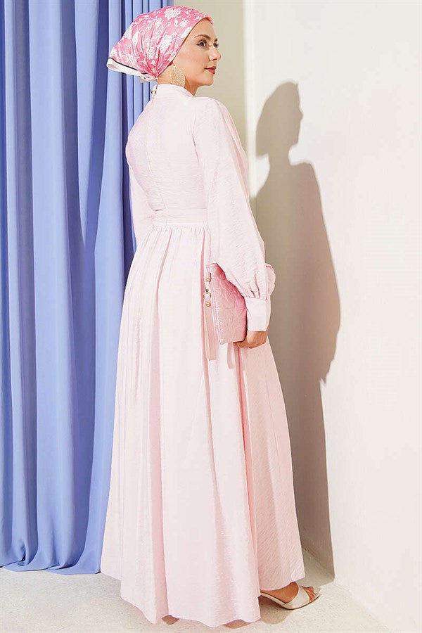 Pink Belted Flared Dress with Ankle Cuffs