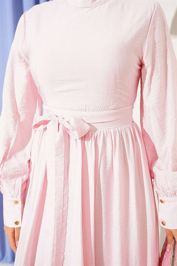 Pink Belted Flared Dress with Ankle Cuffs