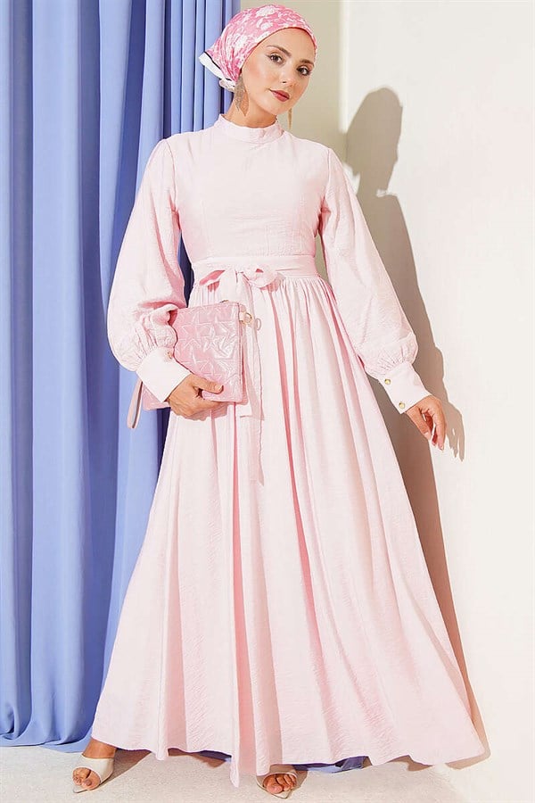 Pink Belted Flared Dress with Ankle Cuffs
