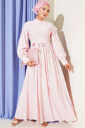 Pink Belted Flared Dress with Ankle Cuffs