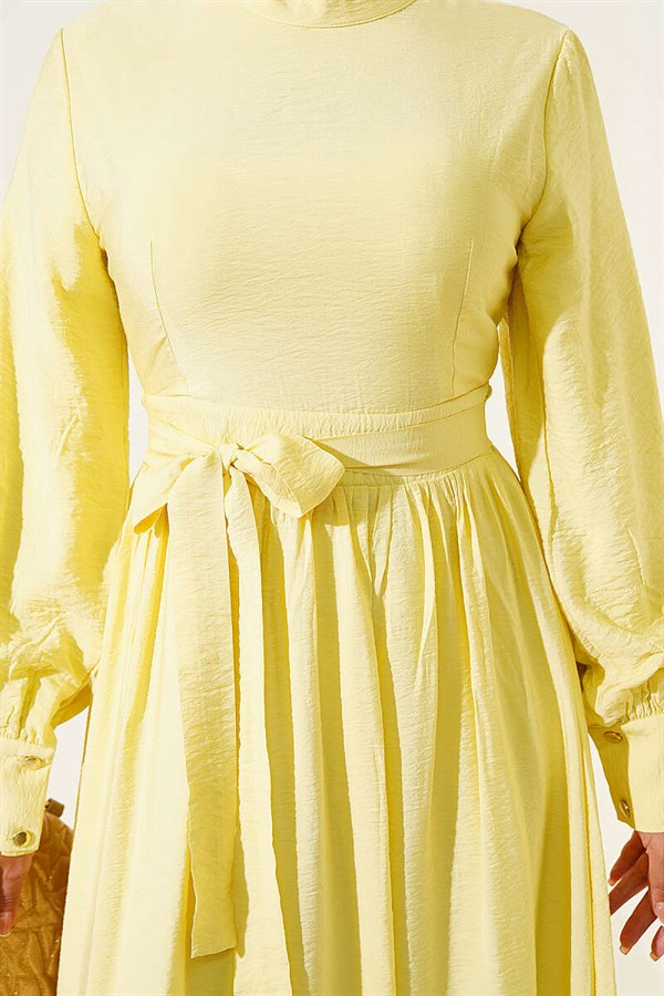 Yellow Belted Flared Dress with Ankle Cuffs
