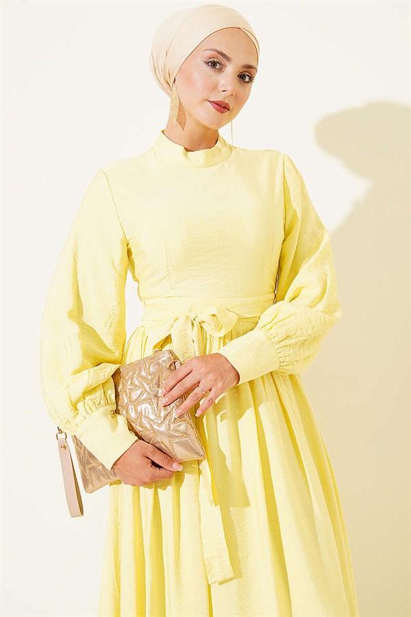 Yellow Belted Flared Dress with Ankle Cuffs