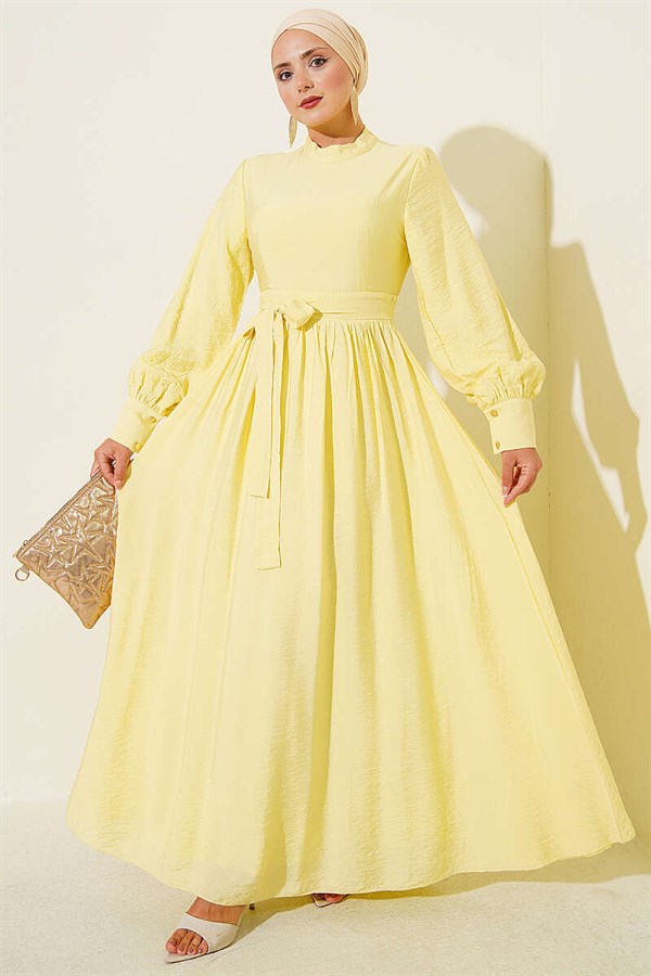 Yellow Belted Flared Dress with Ankle Cuffs