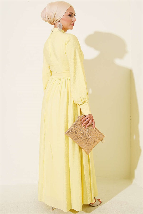 Yellow Belted Flared Dress with Ankle Cuffs