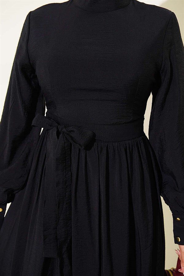 Black Belted Flared Dress with Ankle Cuffs