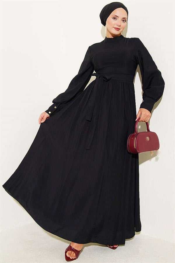 Black Belted Flared Dress with Ankle Cuffs