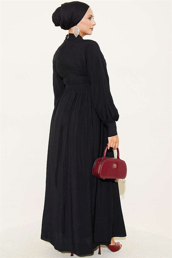 Black Belted Flared Dress with Ankle Cuffs