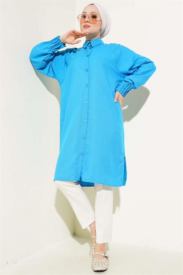 Ankle Ribbed Long Shirt Blue