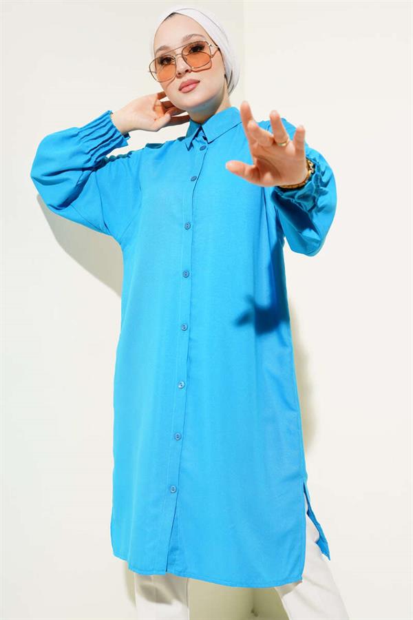 Ankle Ribbed Long Shirt Blue