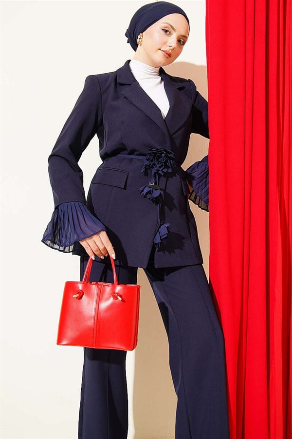 Navy Blue Blazer Suit 2 Piece Set with Wrist Pleats and Flower Brooch