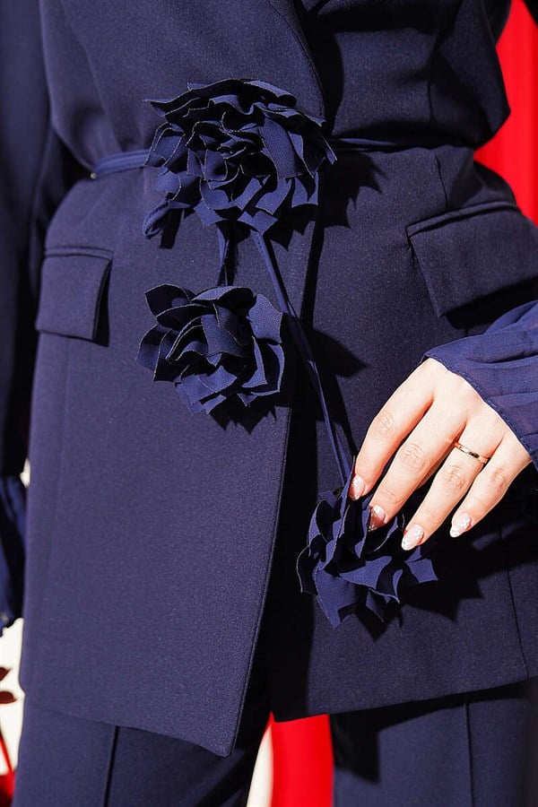 Navy Blue Blazer Suit 2 Piece Set with Wrist Pleats and Flower Brooch