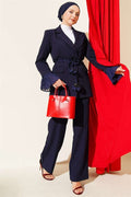 Navy Blue Blazer Suit 2 Piece Set with Wrist Pleats and Flower Brooch