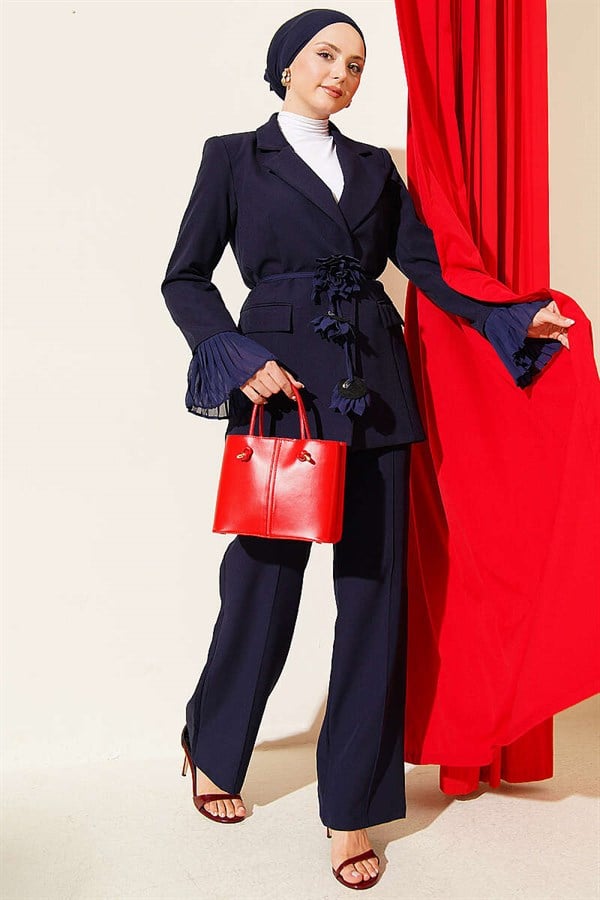 Navy Blue Blazer Suit 2 Piece Set with Wrist Pleats and Flower Brooch