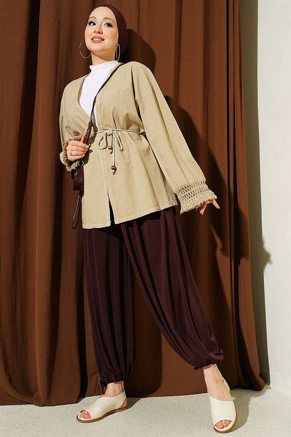 Linen Kimono with Wrist Tassels, Beige