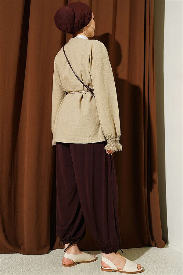 Linen Kimono with Wrist Tassels, Beige