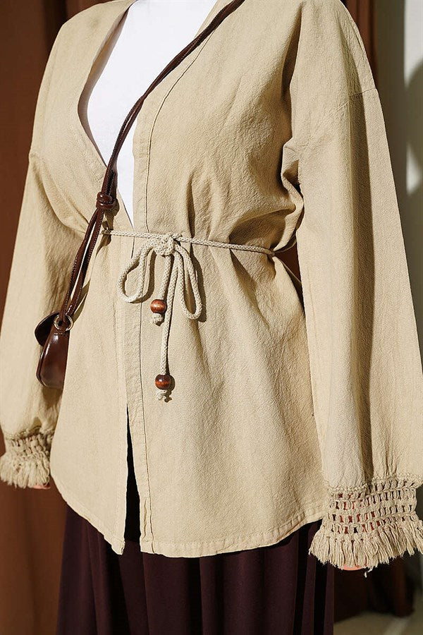 Linen Kimono with Wrist Tassels, Beige