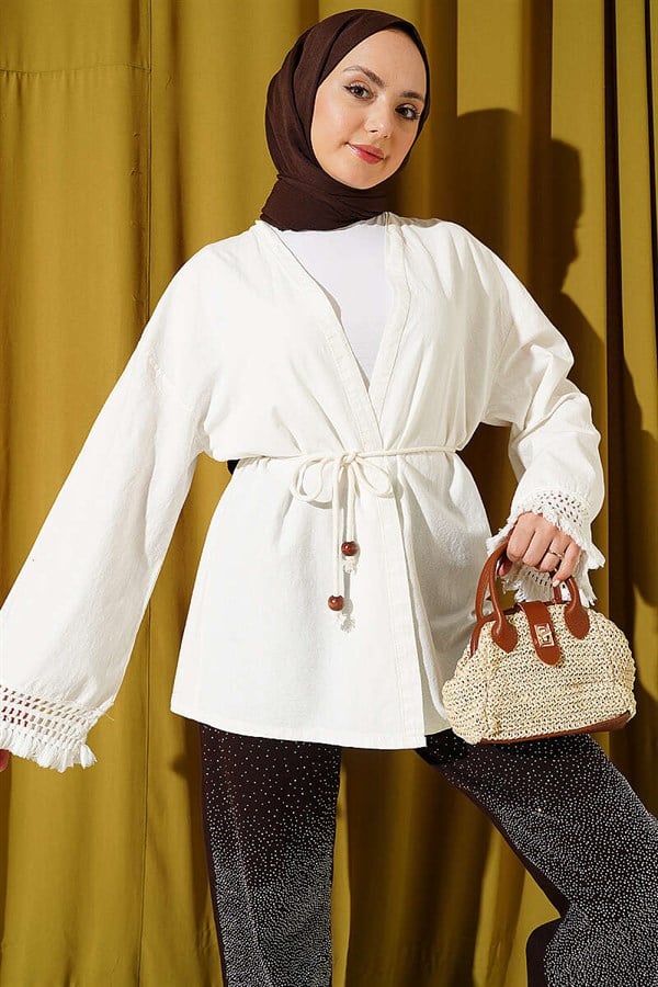 Linen Kimono with Wrist Tassels, Ecru