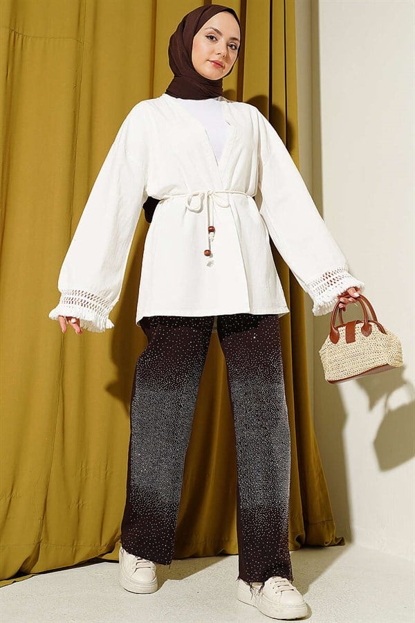 Linen Kimono with Wrist Tassels, Ecru
