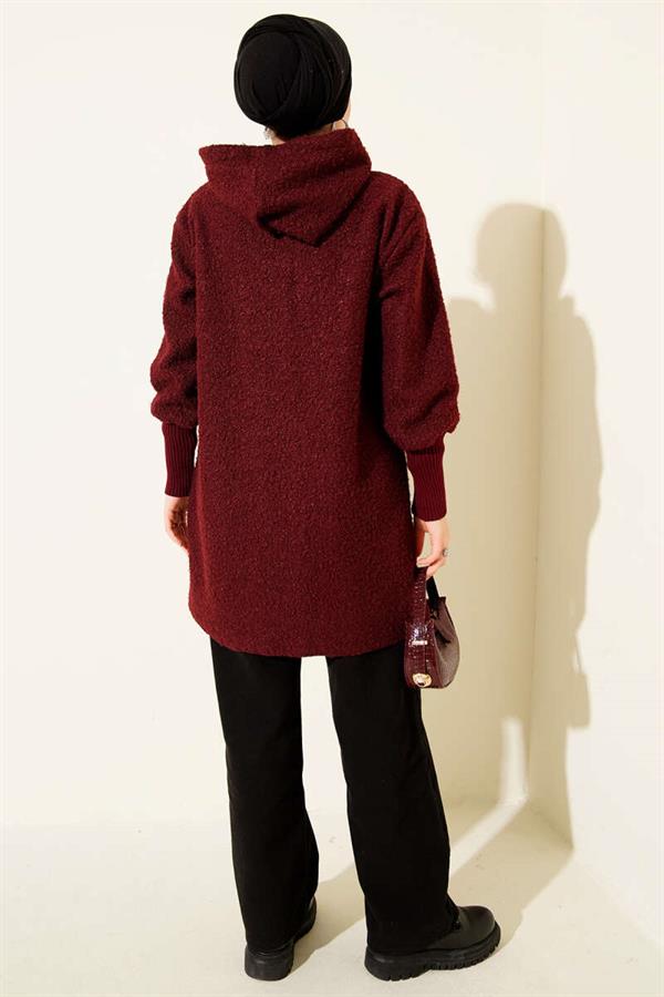 Boucle Cardigan with Ribbed Ankles and Zip-Up, Burgundy