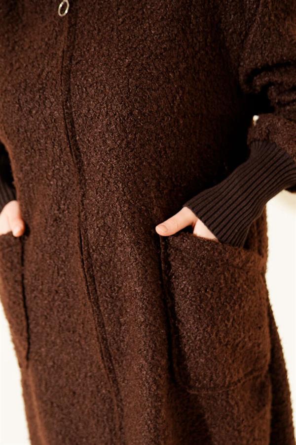 Boucle Cardigan with Ankle Rib and Zip-Up Closure, Brown
