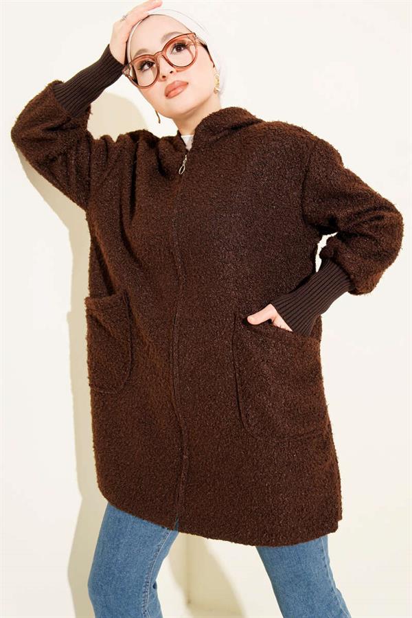 Boucle Cardigan with Ankle Rib and Zip-Up Closure, Brown