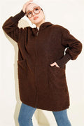 Boucle Cardigan with Ankle Rib and Zip-Up Closure, Brown