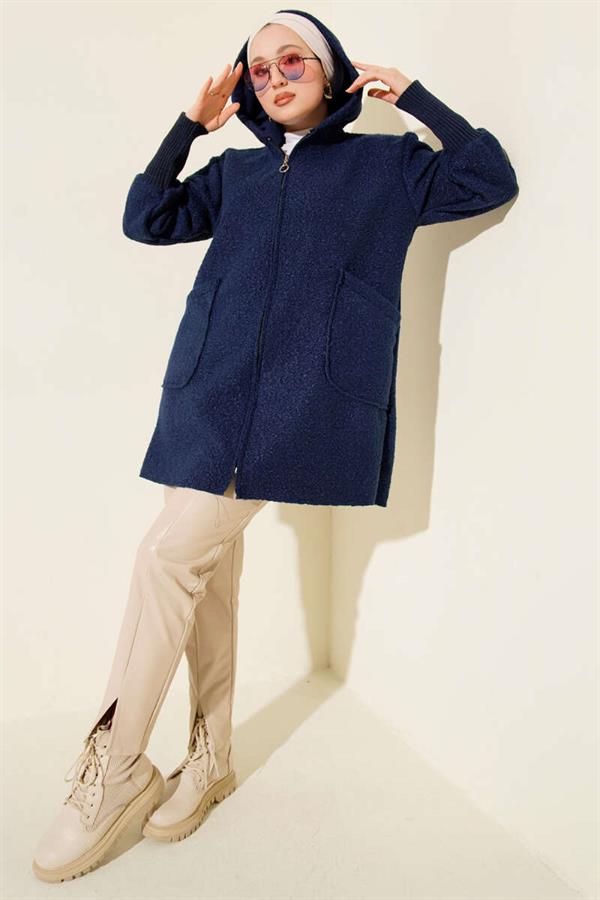 Navy Blue Boucle Cardigan with Ribbed Ankles and Zipper