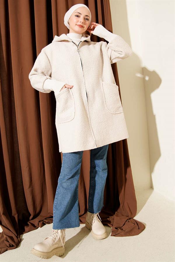 Ankle Ribbed Hooded Boucle Cardigan Beige