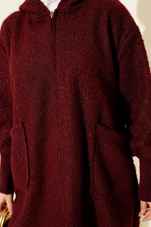 Ankle Ribbed Hooded Boucle Cardigan Burgundy