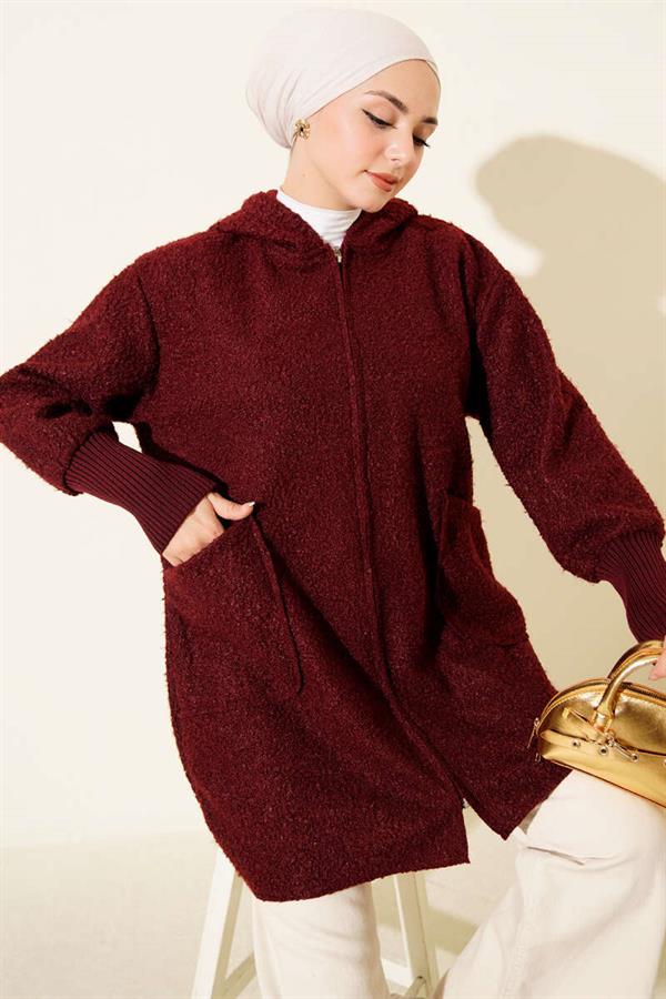 Ankle Ribbed Hooded Boucle Cardigan Burgundy