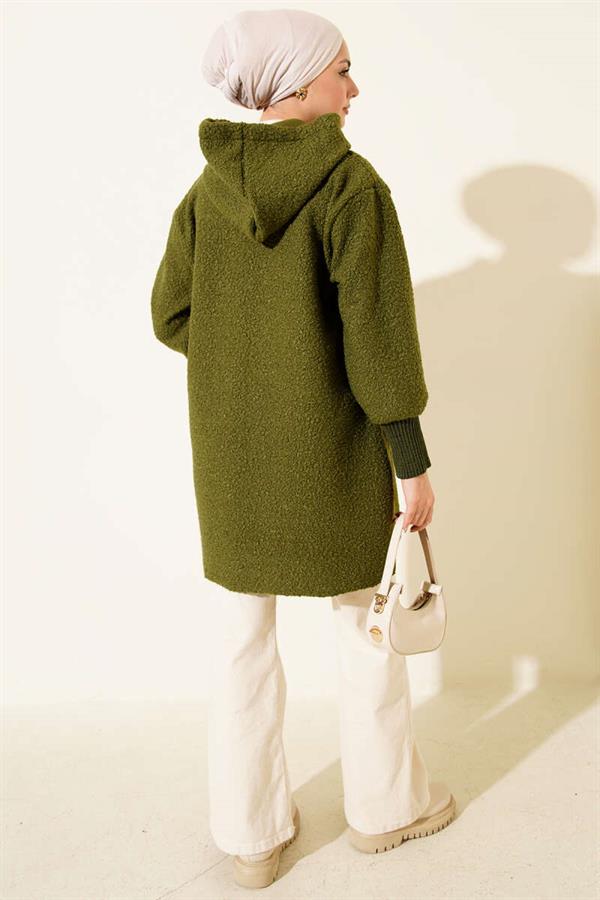 Ankle Ribbed Hooded Boucle Cardigan Khaki