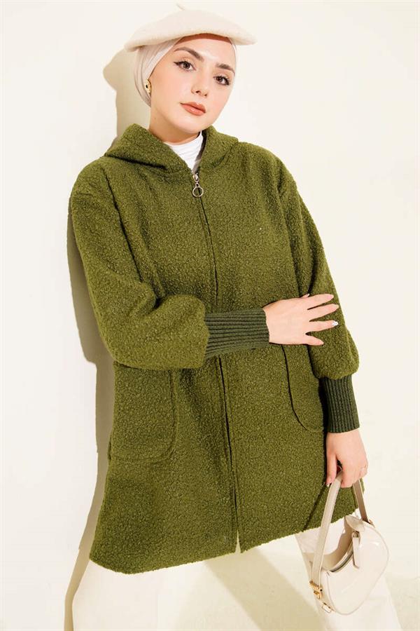 Ankle Ribbed Hooded Boucle Cardigan Khaki