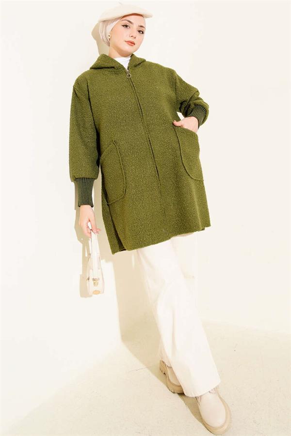 Ankle Ribbed Hooded Boucle Cardigan Khaki