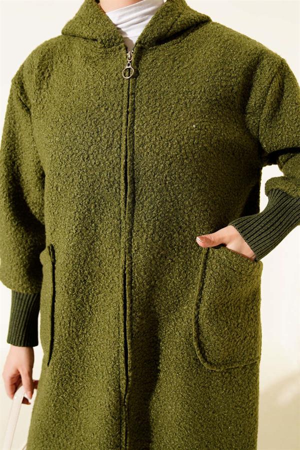 Ankle Ribbed Hooded Boucle Cardigan Khaki